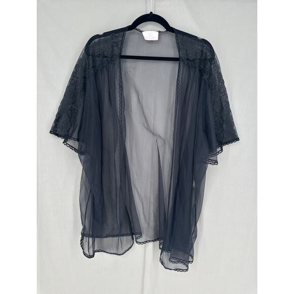 90s Vintage Top Women 1X Black Lace Sheer Open Short Sleeve Whimsigoth Romantic - Picture 2 of 7